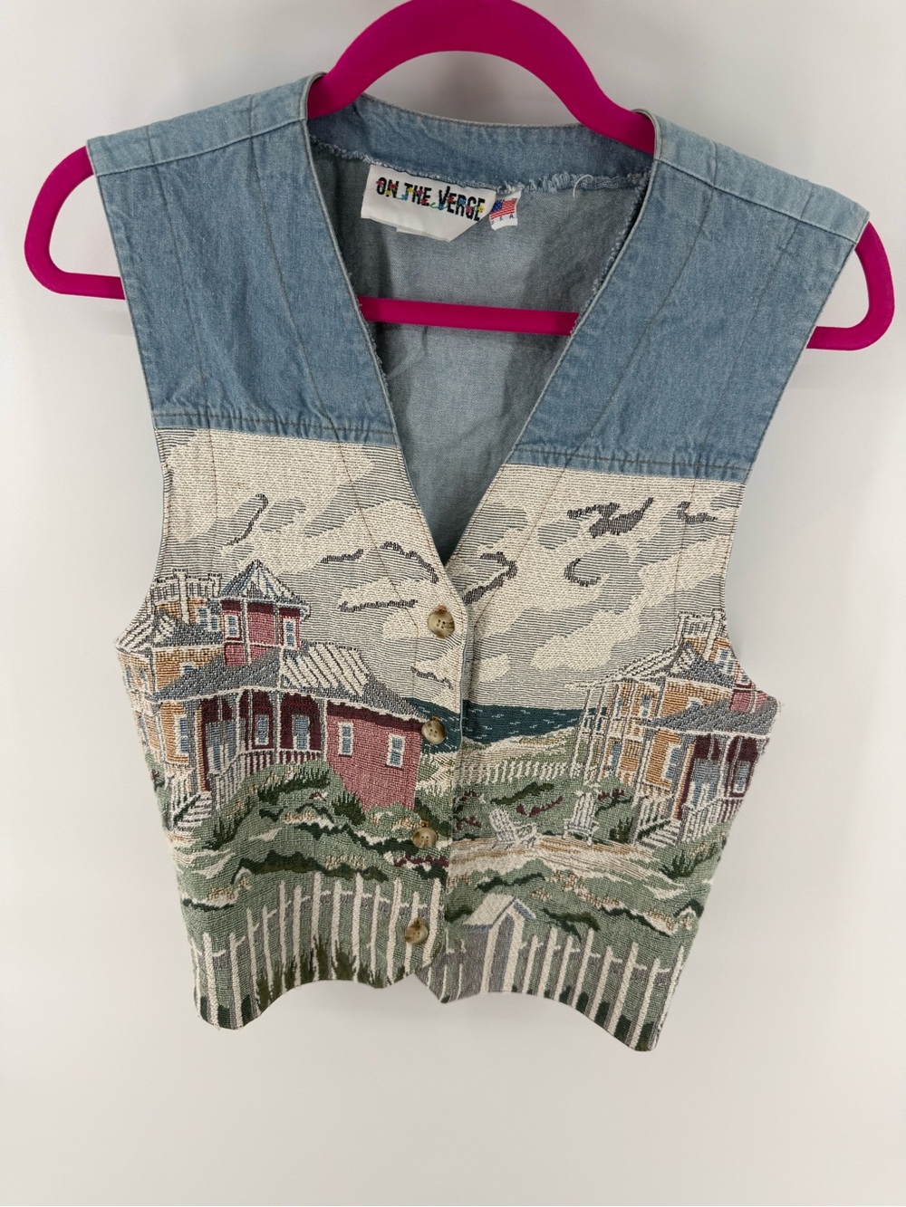 Grandmacore Tapestry Vest VTG 90’s On The Verge Denim Coastal Embroidered Beach